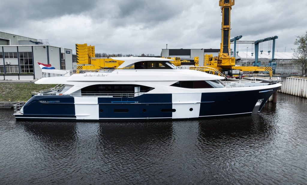 Luxury yacht Moonen 110 Mustique YN202 in the water at the Moonen Shipyard in the Netherlands.