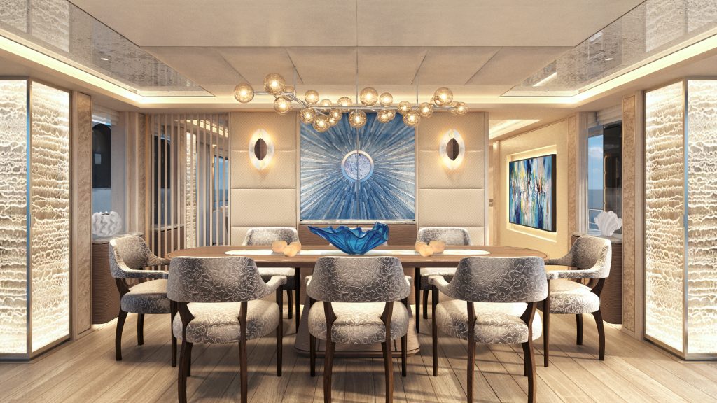 Interior render of luxury yacht Moonshine YN204, a 36.3m Martinique (119ft). Built by Dutch yacht builder Moonen Yachts.
