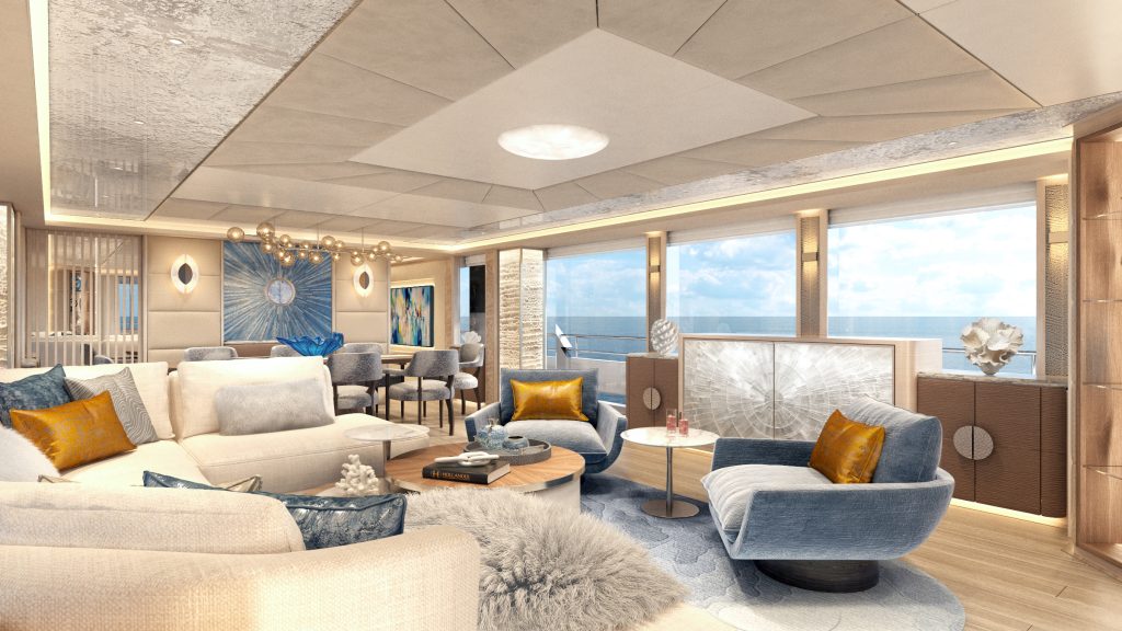 Interior render of luxury yacht Moonshine YN204, a 36.3m Martinique (119ft). Built by Dutch yacht builder Moonen Yachts.